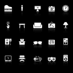 Living room icons with reflect on black background