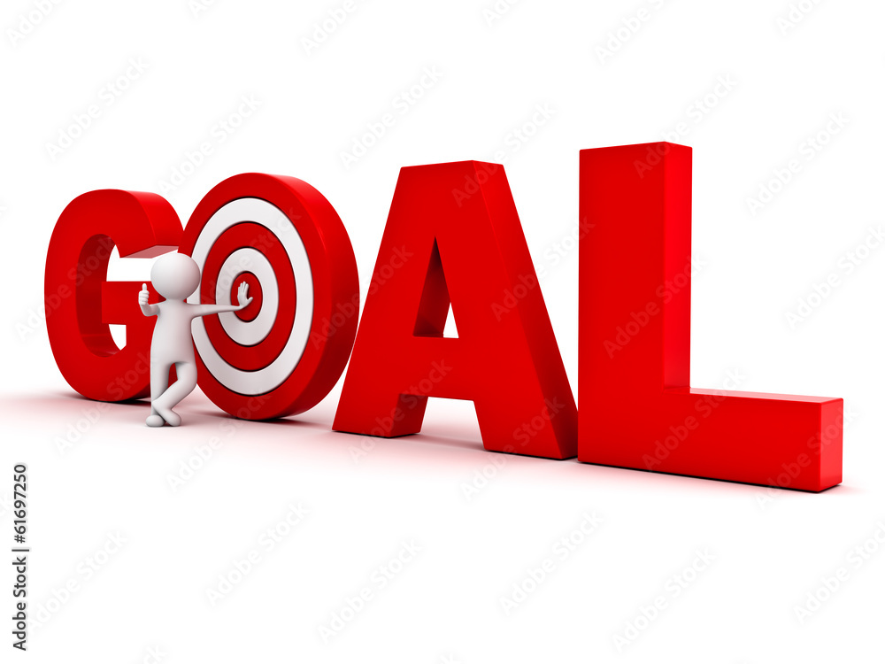 Poster 3d man showing thumb up and leaning against target in word goal