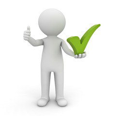 3d man showing thumbs up with green check mark on his hand