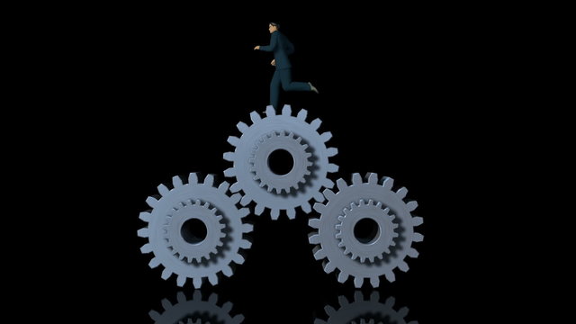 Metal Gears and Businessman Running against black