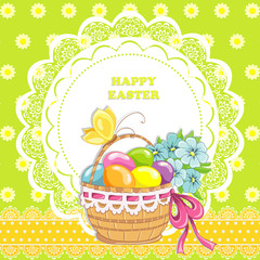 Happy easter vintage cards with colorful easter eggs in basket