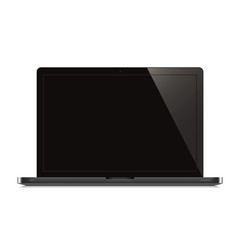 laptop open black screen white background