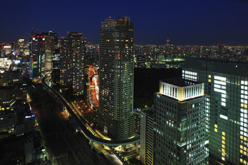 Fototapeta na wymiar Night View of Skyscrapers in Shiodome