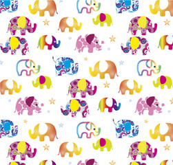 Seamless happy elephant pattern on white, vector illustration