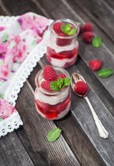 Delicious dessert  with fresh raspberry and mint