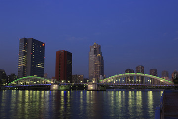 Fototapeta na wymiar Night View around Kachidoki Bridge over Sumida River