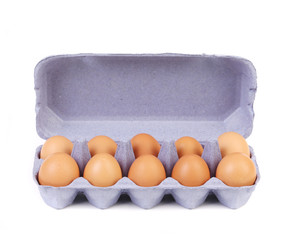 Ten eggs in a blue carton box.