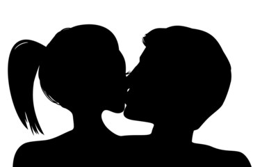 Romantic couple silhouette. Lovers woman and man kissing