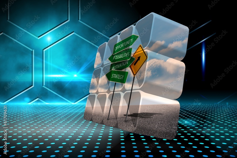 Poster Composite image of signposts on abstract screen