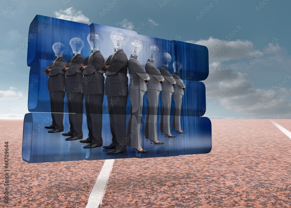 Poster composite image of light bulb business people on abstract screen