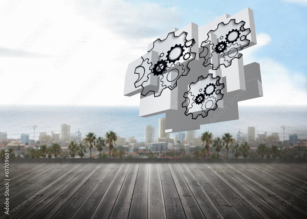 Poster Composite image of cogs and wheels on abstract screen