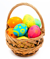 Colorful handmade easter eggs in the basket isolated on a white