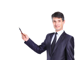 Business man presenting over a white background