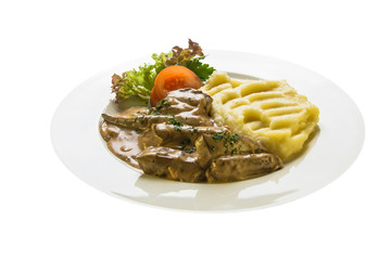 liver with mashed potatoes and vegetables