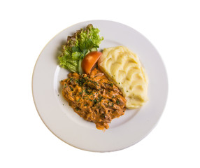 goulash with vegetable sauce and mashed potatoes