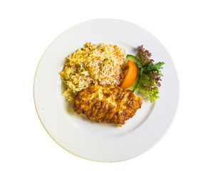 fish fillet with mayonnaise and garnished with rice