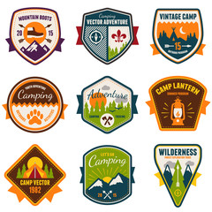 Vintage summer camp and outdoor badges - obrazy, fototapety, plakaty