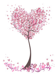 Naklejka premium Drzewo miłości z liśćmi z kształtu serca. Karta ślubu