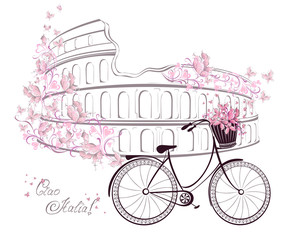 Naklejka premium Colosseum and bicycle. Romantic postcard from Rome, Italy.