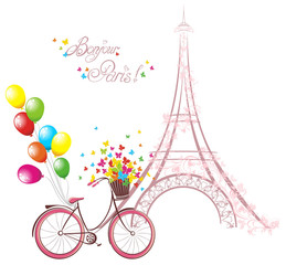 Fototapeta na wymiar Eiffel tower and bicycle. Romantic postcard from Paris.