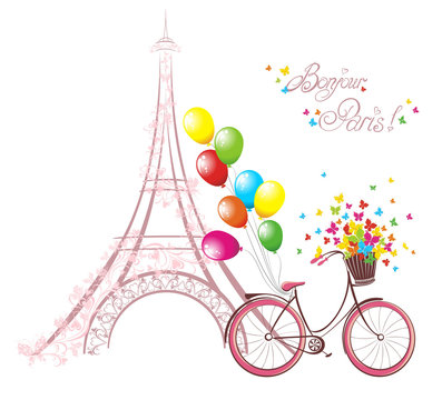 Eiffel tower and bicycle. Romantic postcard from Paris.