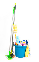 cleaning supplies on white background