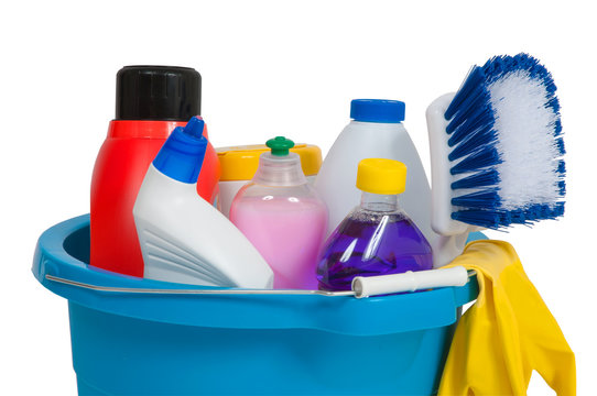 cleaning supplies on white background
