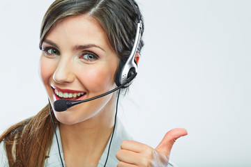 Customer support operator thumb show.  call center smiling oper