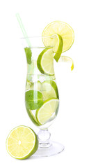 Glass of cocktail with lime and mint isolated on white
