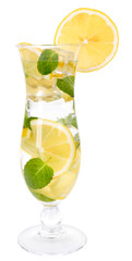 Glass of cocktail with lemon and mint isolated on white