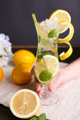 Glass of cocktail with lemon and mint