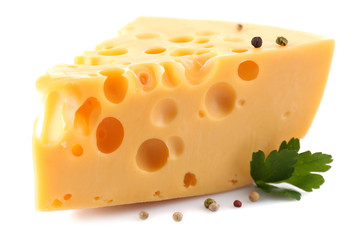 Piece of cheese on plate, isolated on white