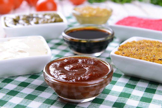 Various sauces on table close-up