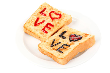 Delicious toast with jam on plate isolated on white