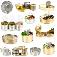 Collage of tin cans with food isolated on white