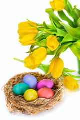 Fototapeta na wymiar Easter eggs in the nest and tulip flowers