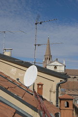 Satellite dish and antenna on roof