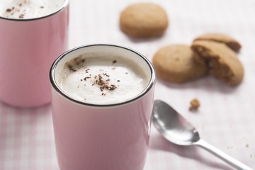 Cappuccino in Pink Mug with Almond Milk Foam