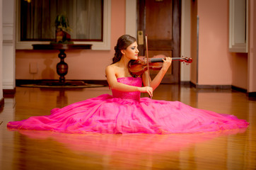 Beautiful brunette woman with a violin in her hands. dress