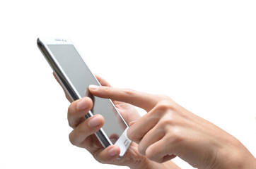Woman hand using mobile phone touch screen on white background