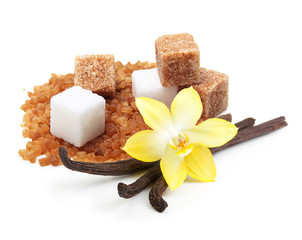 Brown and white cane sugar cubes, vanilla pods and orhid flower