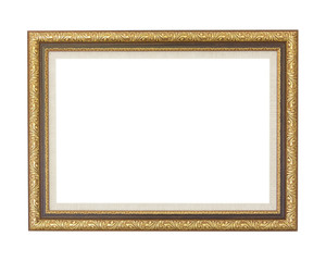 Golden picture frame isolated on white background.