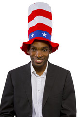 Black man playing as "Uncle Sam" American Mascot