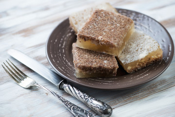 Sliced aspic on a plate, horizontal shot