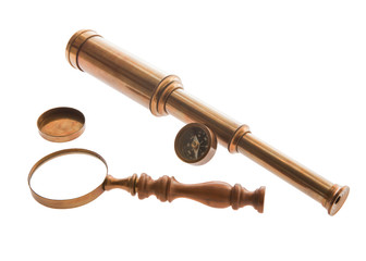 Hand held Telescope, compass and magnifying glass