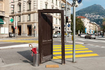 old door opened in the city, surreal scene