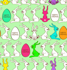 Seamless pattern of bunny rabbits and Easter eggs