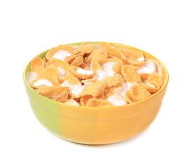 Bowl of sugar-coated corn flakes with milk.