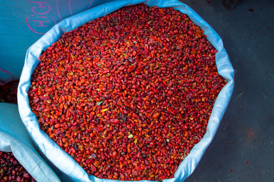 Bag of dried chiltepe peppers for sale at Chichicastenango marke