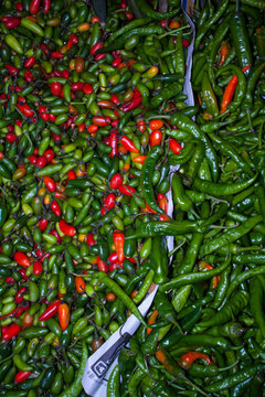Mixture of fresh chili peppers at Chichicastenango market Guatem